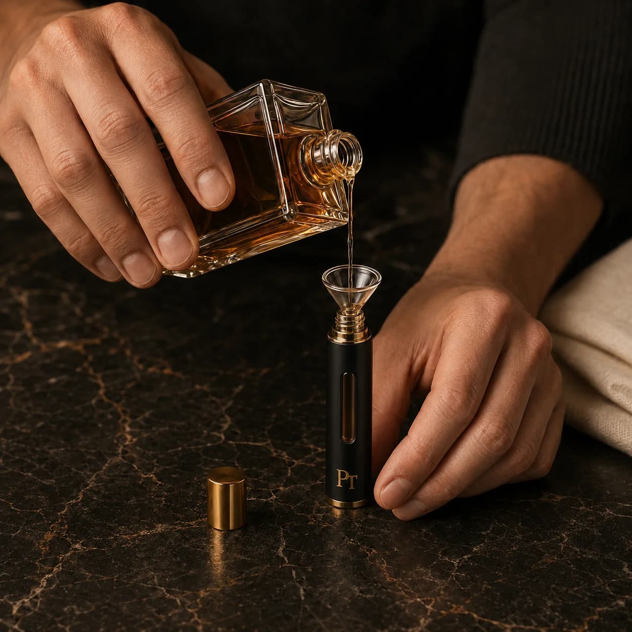 Hand-pouring designer fragrance into a PerfumeTaster 5ml atomizer — every decant freshly poured to order