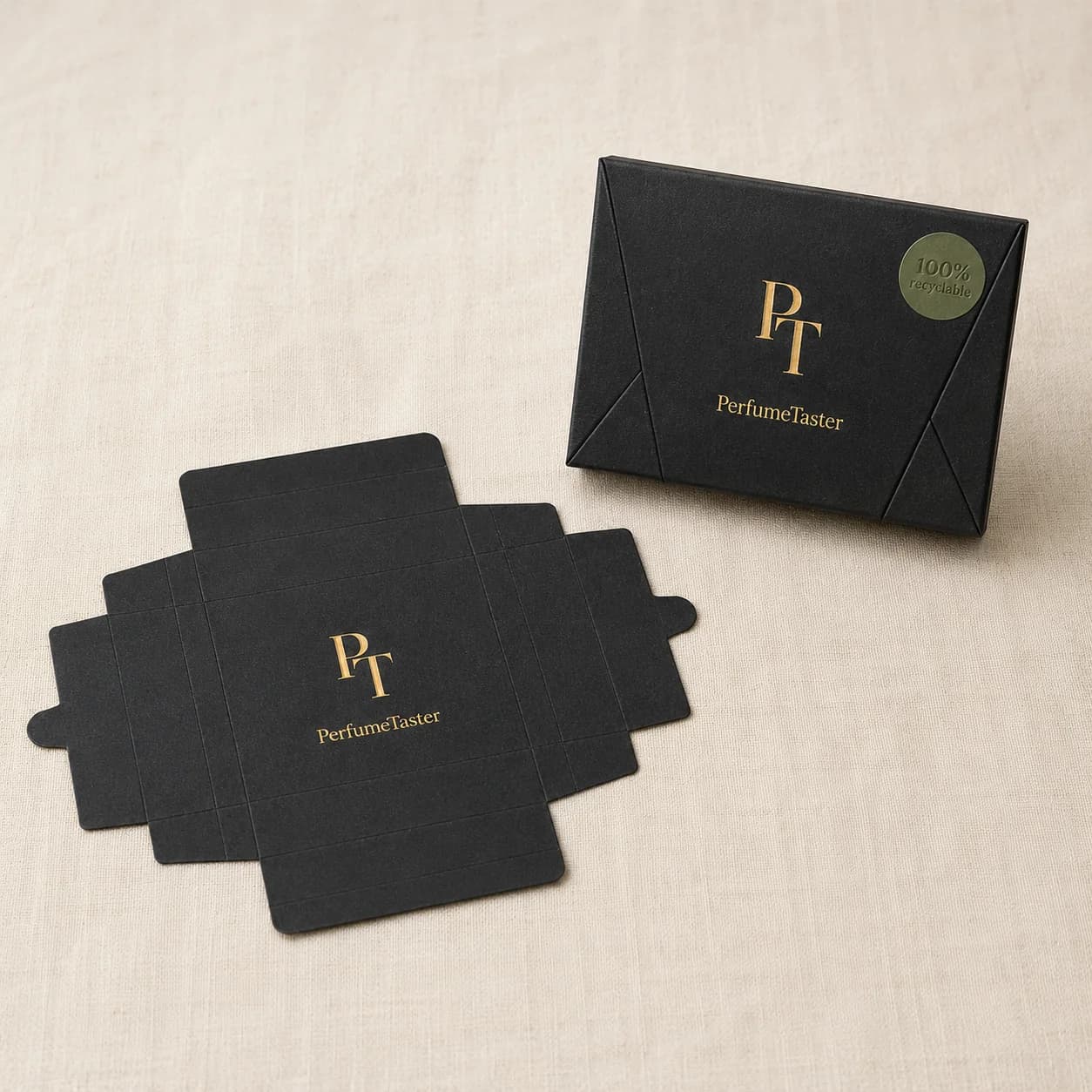 PerfumeTaster's flat-pack origami carton — 100% recyclable sustainable packaging