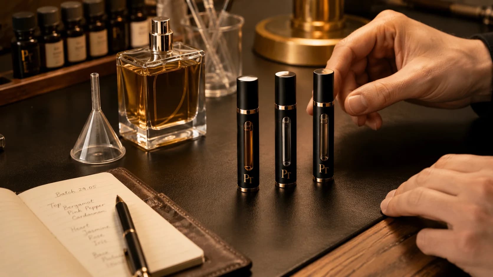 The PerfumeTaster studio bench — sealed designer bottles waiting to be hand-poured
