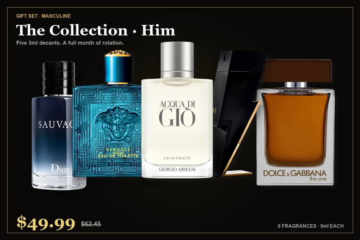 The Collection · Him — Dior Sauvage, Versace Eros, Armani Acqua di Giò, Carolina Herrera Bad Boy, D&G The One